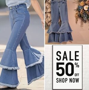 GOGO Blue Flare High Rise Jeans with Fringe Detail. Excellent Condition Size 2